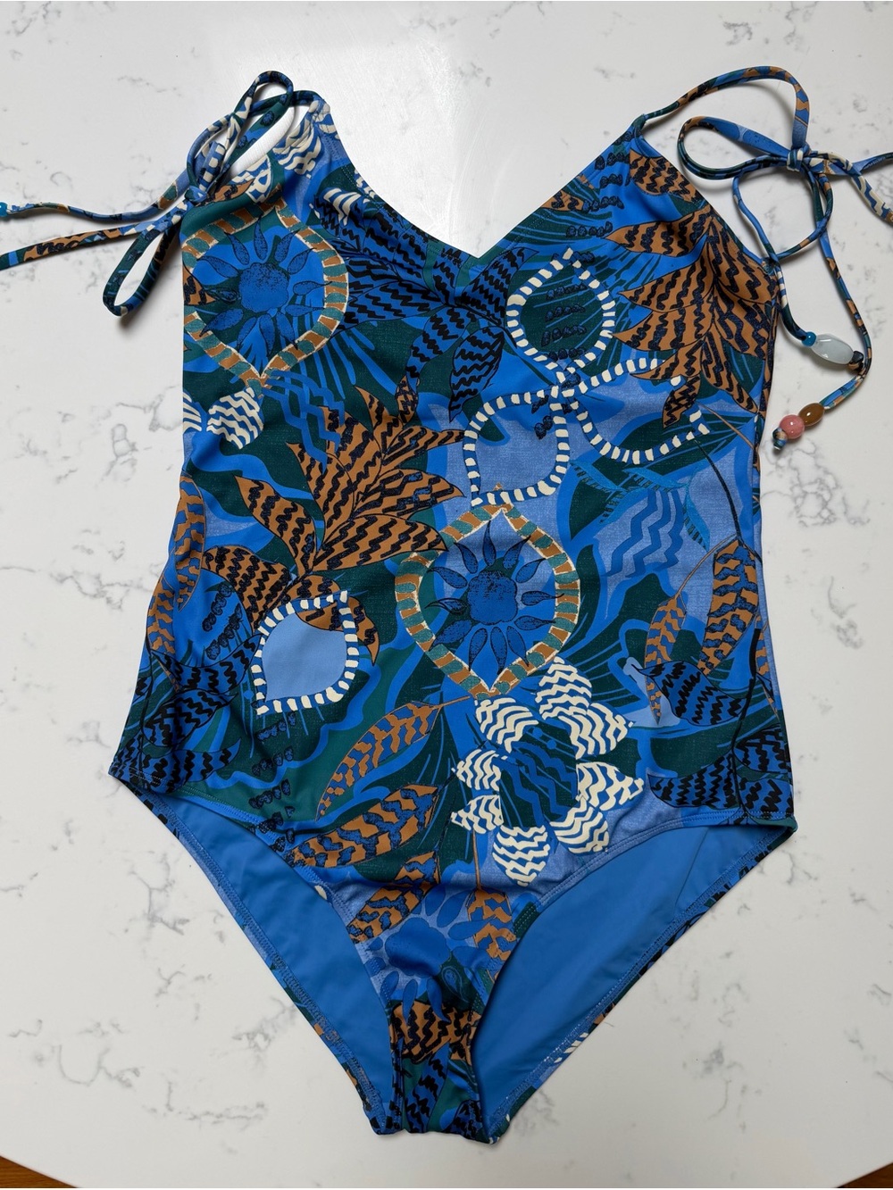 Marie Oliver Kai Blue, Brown and Green Tropical-Print One-Piece Swimsuit. NWT